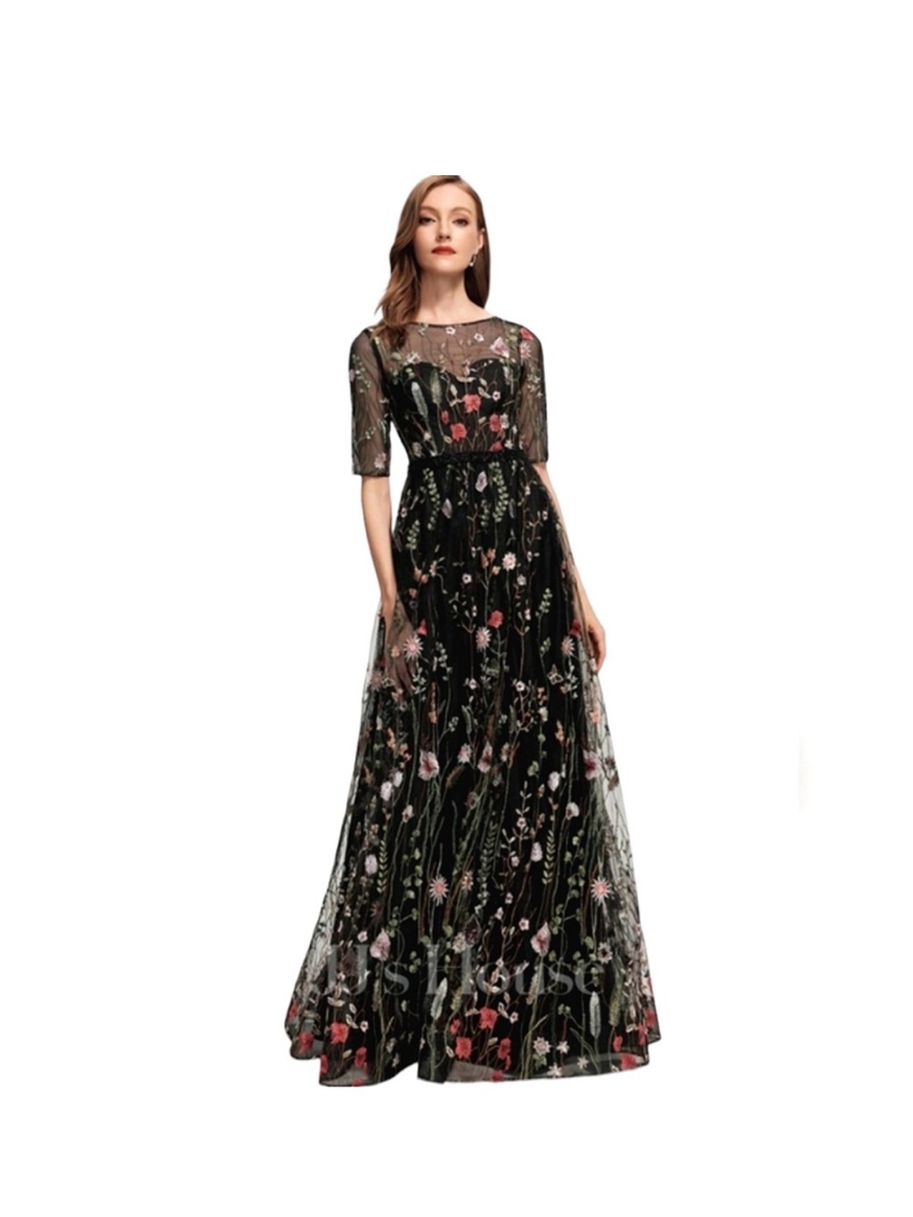 Floral Embroidery Black Long Sleeve Evening Gown Formal Antosia dress tulle L